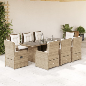 Set comedor de jardín 9 pzas con cojines ratán sintético beige D