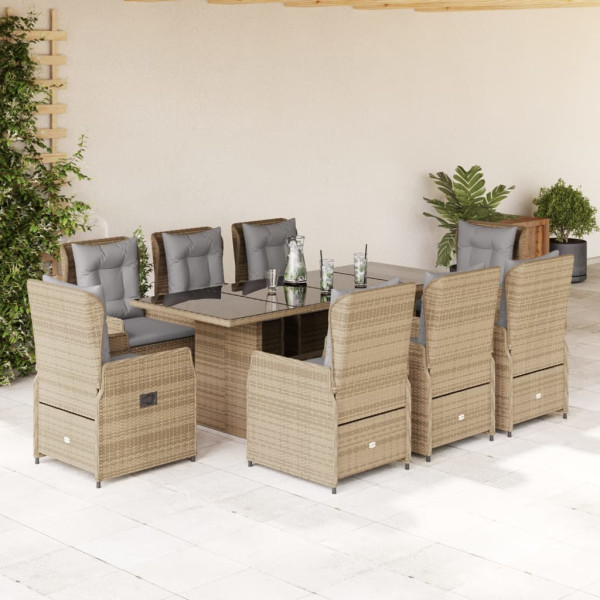 Set comedor de jardín 9 pzas con cojines ratán sintético beige D