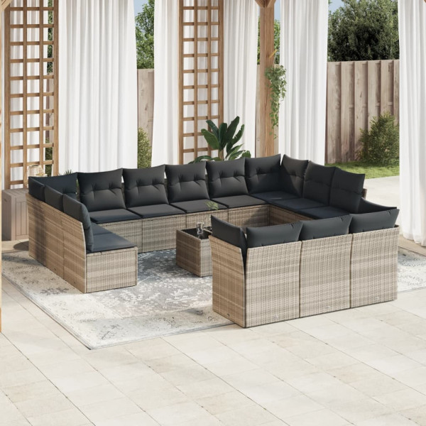 Conjunto de sofás de jardim 14 pzas com almofadas de rattan sintético cinza claro D