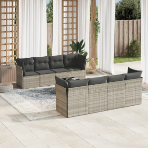 Set muebles jardín 9 pzas y cojines ratán sintético gris claro D