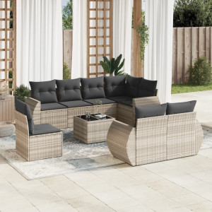 Set muebles jardín 9 pzas y cojines ratán sintético gris claro D