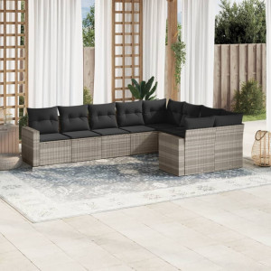 Set muebles jardín 9 pzas y cojines ratán sintético gris claro D