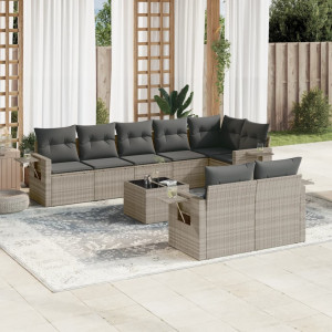 Set muebles jardín 9 pzas y cojines ratán sintético gris claro D