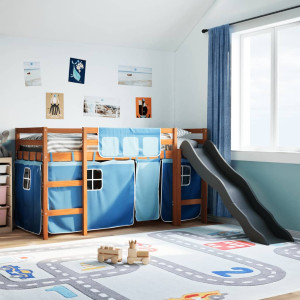 Cama alta para criança com cortinas em madeira de pinho azul 90x200 cm D