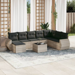 Set muebles jardín 9 pzas y cojines ratán sintético gris claro D