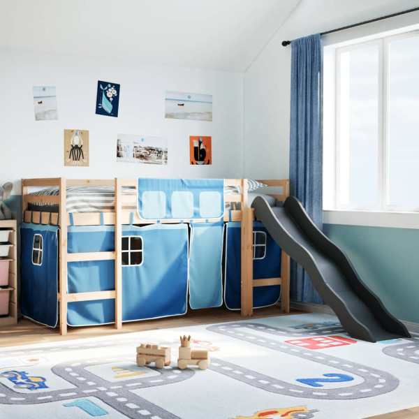 Cama alta para niños con cortinas madera pino azul 80x200 cm D