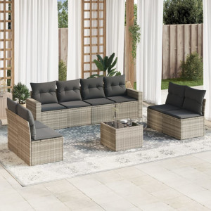 Set muebles jardín 9 pzas y cojines ratán sintético gris claro D