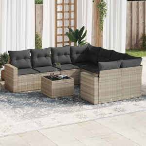 Set muebles jardín 9 pzas y cojines ratán sintético gris claro D