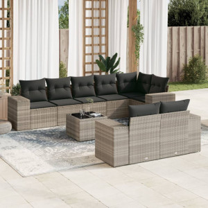 Set muebles jardín 9 pzas y cojines ratán sintético gris claro D