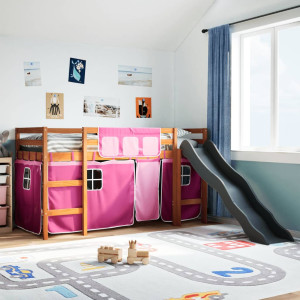 Cama alta para niños con cortinas madera pino rosa 90x200 cm D