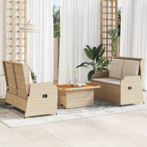 Set muebles de jardín 3 piezas y cojines ratán sintético beige D