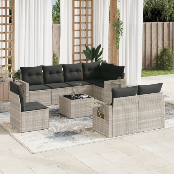 Set muebles jardín 9 pzas y cojines ratán sintético gris claro D