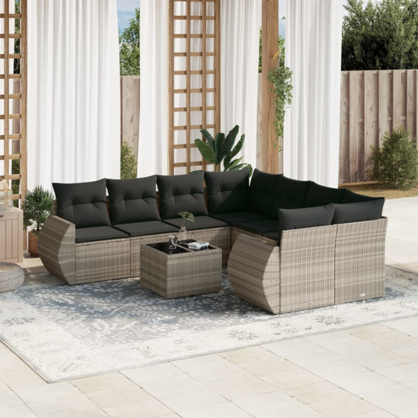 Set muebles jardín 9 pzas y cojines ratán sintético gris claro D