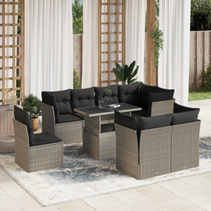 Set muebles jardín 9 pzas y cojines ratán sintético gris claro D