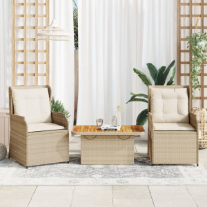 Set muebles de jardín 3 piezas y cojines ratán sintético beige D