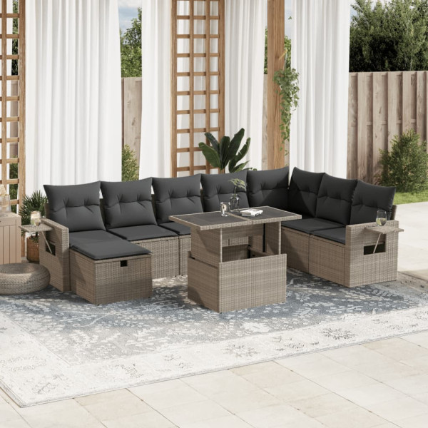 Set muebles jardín 9 pzas y cojines ratán sintético gris claro D