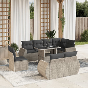 Set muebles jardín 9 pzas y cojines ratán sintético gris claro D