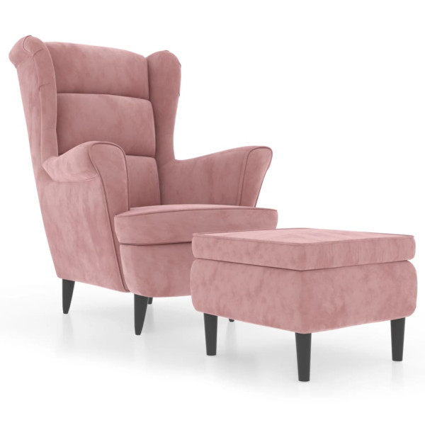 Sillón orejero y taburete de terciopelo rosa M 2