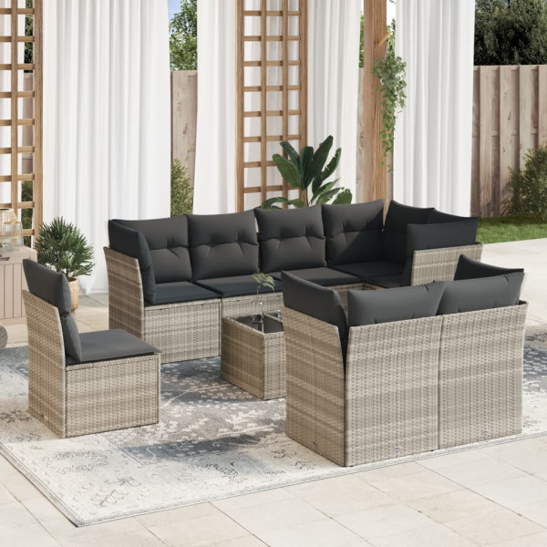 Set muebles jardín 9 pzas y cojines ratán sintético gris claro D