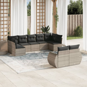 Set muebles jardín 9 pzas y cojines ratán sintético gris claro D