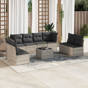 Set muebles jardín 9 pzas y cojines ratán sintético gris claro D