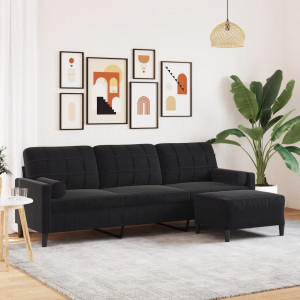 Sofá de 3 plazas con taburete de terciopelo negro 210 cm D