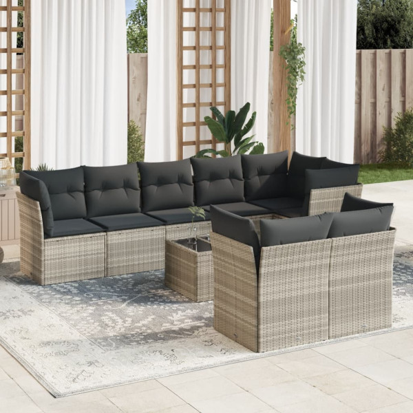 Set muebles jardín 9 pzas y cojines ratán sintético gris claro D