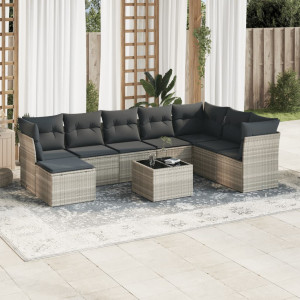 Set muebles jardín 9 pzas y cojines ratán sintético gris claro D