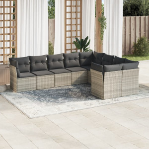 Set muebles jardín 9 pzas y cojines ratán sintético gris claro D