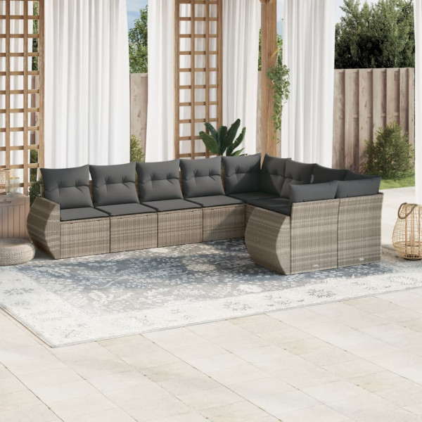 Set muebles jardín 9 pzas y cojines ratán sintético gris claro D