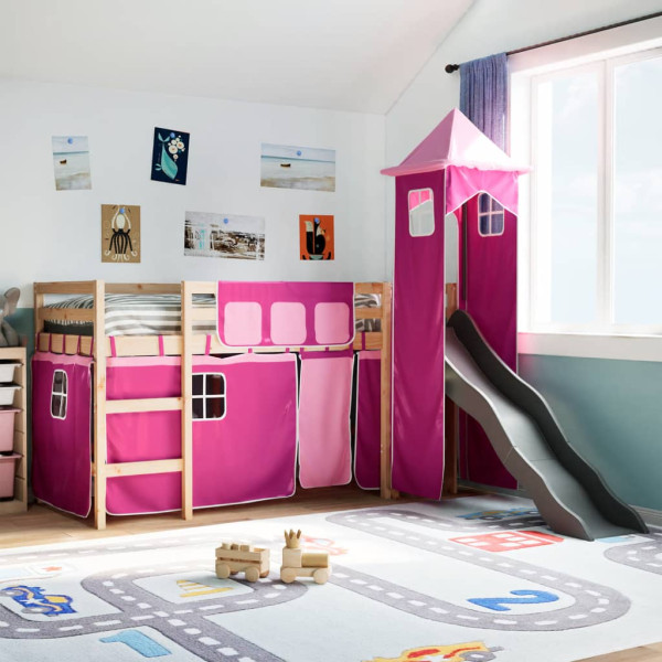 Cama alta para niños con torre madera pino rosa 90x190 cm D