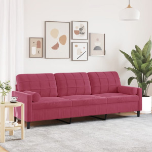 Sofá de 3 plazas con cojines terciopelo rojo tinto 210 cm D