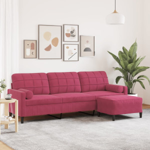 Sofá de 3 plazas con taburete de terciopelo rojo tinto 210 cm D