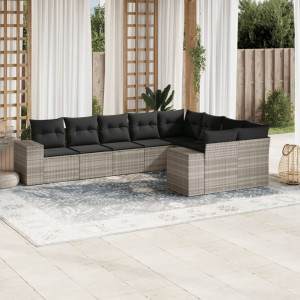 Set muebles jardín 9 pzas y cojines ratán sintético gris claro D