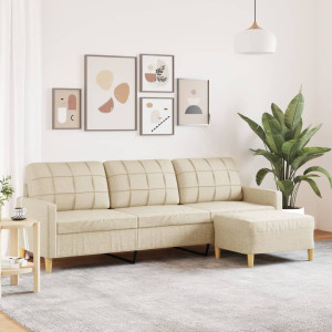 Sofá de 3 plazas con taburete de tela crema 210 cm D