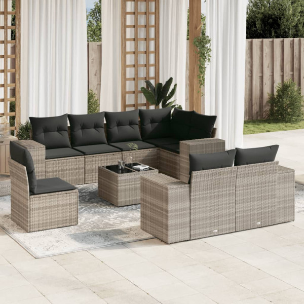 Set muebles jardín 9 pzas y cojines ratán sintético gris claro D