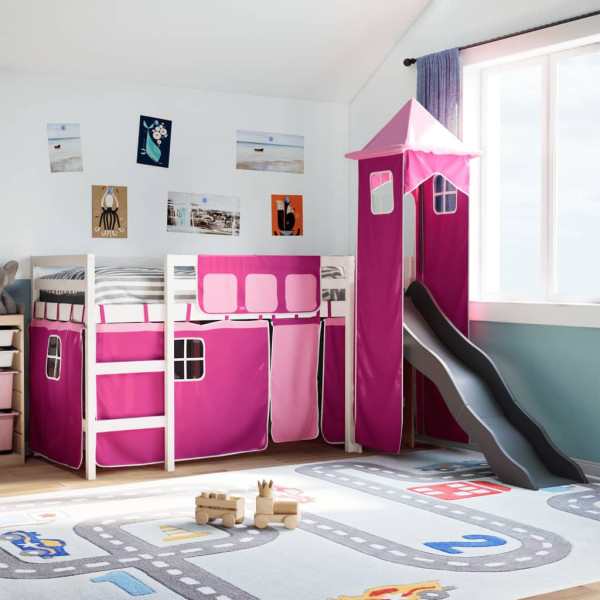 Cama alta para niños con torre madera pino rosa 90x190 cm D