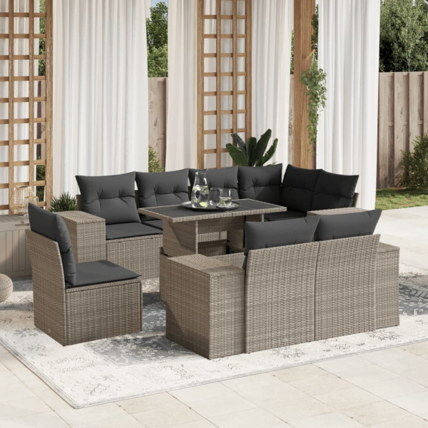 Set muebles jardín 9 pzas y cojines ratán sintético gris claro D