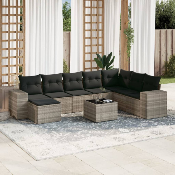 Set muebles jardín 9 pzas y cojines ratán sintético gris claro D