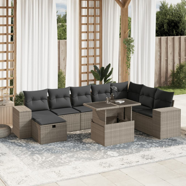 Set muebles jardín 9 pzas y cojines ratán sintético gris claro D