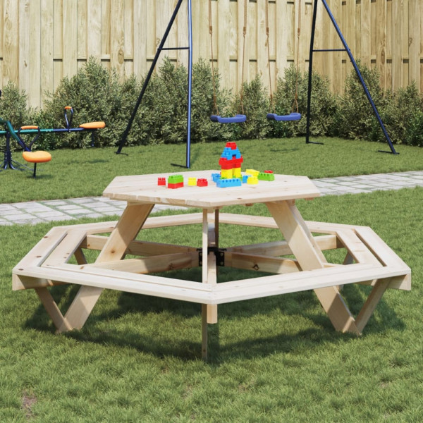 Mesa de picnic hexagonal 6 niños agujero sombrilla madera abeto D