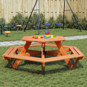 Mesa de picnic hexagonal 6 niños agujero sombrilla madera abeto D