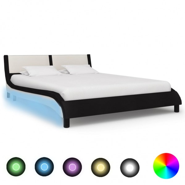 Estructura de cama con LED cuero PE negro y blanco 140x200 cm D
