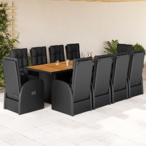 Set de comedor jardín 11 pzas con cojines ratán sintético negro D