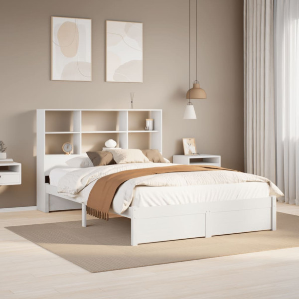 Cama con estantería sin colchón madera maciza blanca 160x200 cm D