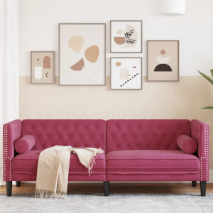 Sofá Chesterfield 3 plazas con cojines terciopelo rojo tinto D