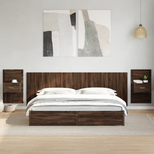 Cabecero cama con mesitas madera ingeniería marrón roble 240 cm D