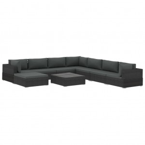 9 pcs conjunto lounge de jardim c/ almofadões vime PE preto H