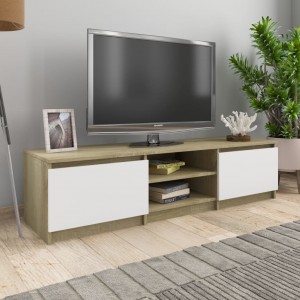 Mueble de TV madera contrachapada blanco y roble 140x40x35.5 cm D