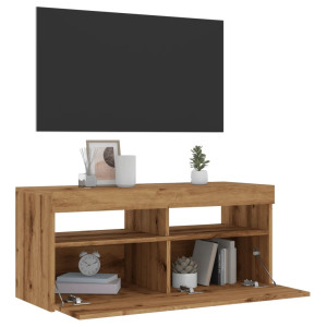 Mueble de TV luces LED madera roble artisan 90x35x40 cm D